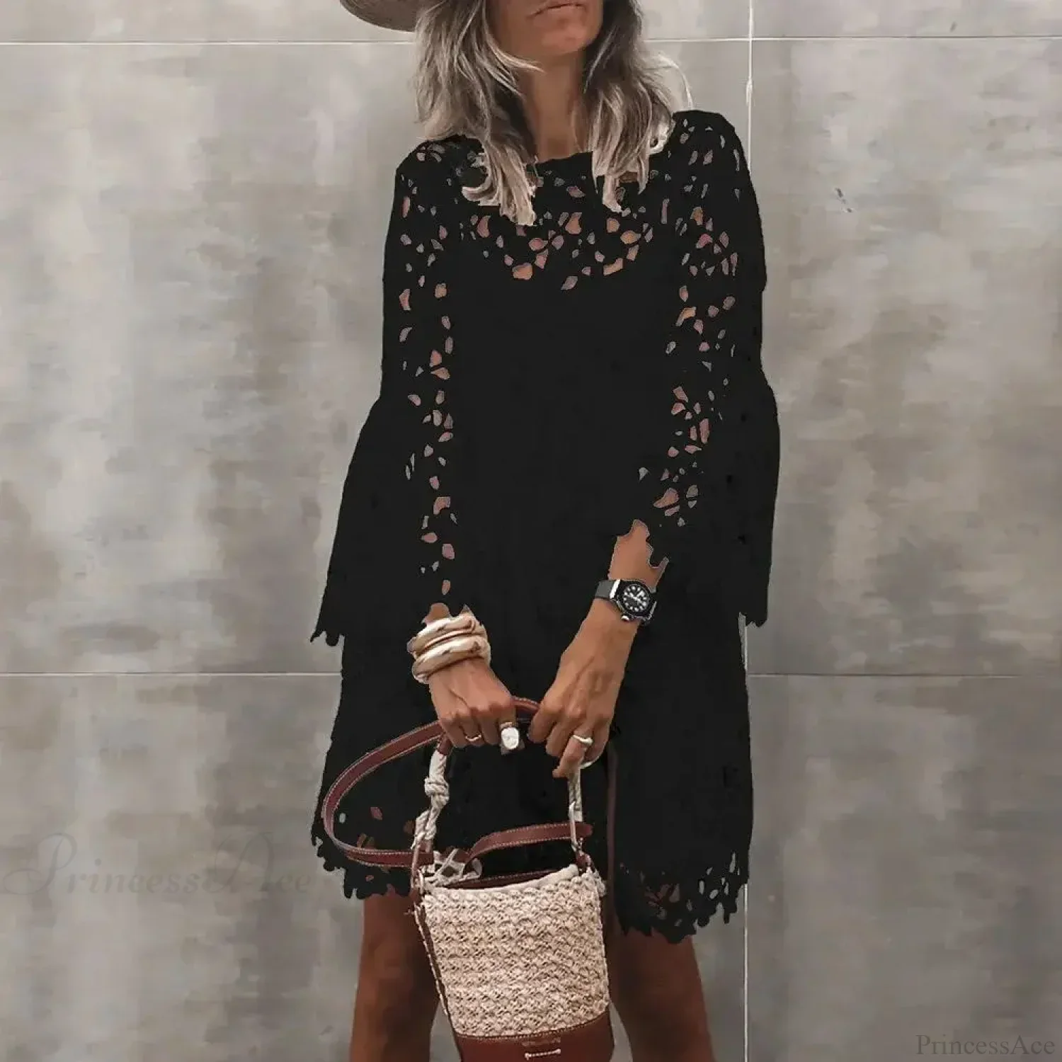 Autumn Solid Color Lace Hollow Floral Casual Floral Dress - Image 7