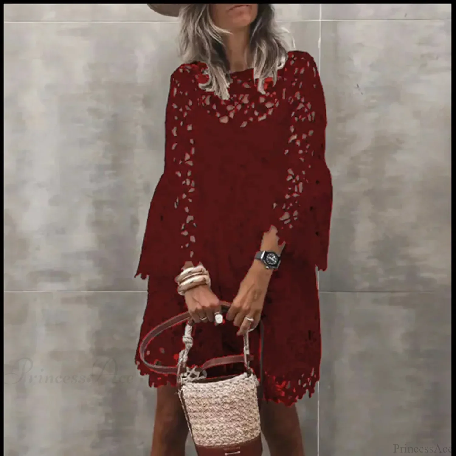 Autumn Solid Color Lace Hollow Floral Casual Floral Dress - Image 9