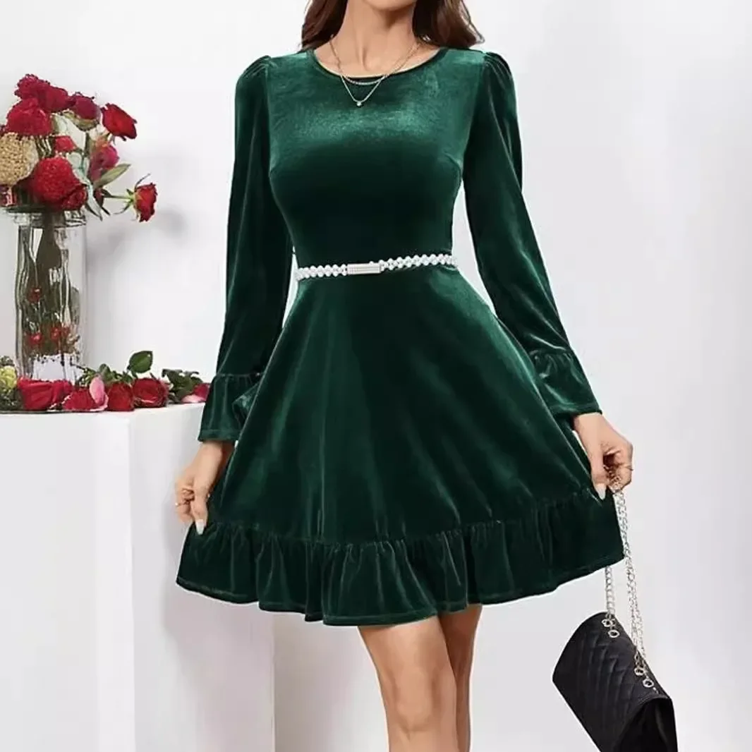 Autumn Winter A-Line Ruffles Elegant Party Golden Velvet Mini Nightdress Party Dress - Image 4
