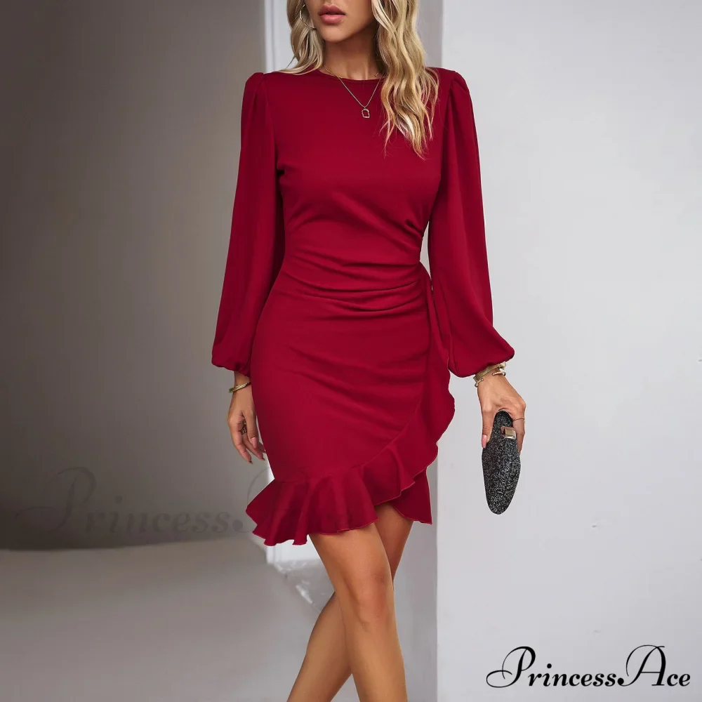 Autumn Winter New Temperament Bubble Long Sleeve Color Dress - Image 3