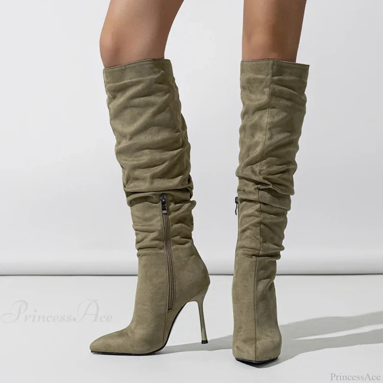 Autumn Winter Pleated Denim Pointed Toe Zip Motorcycle Long Thin Heels Booties High Heel - Image 2