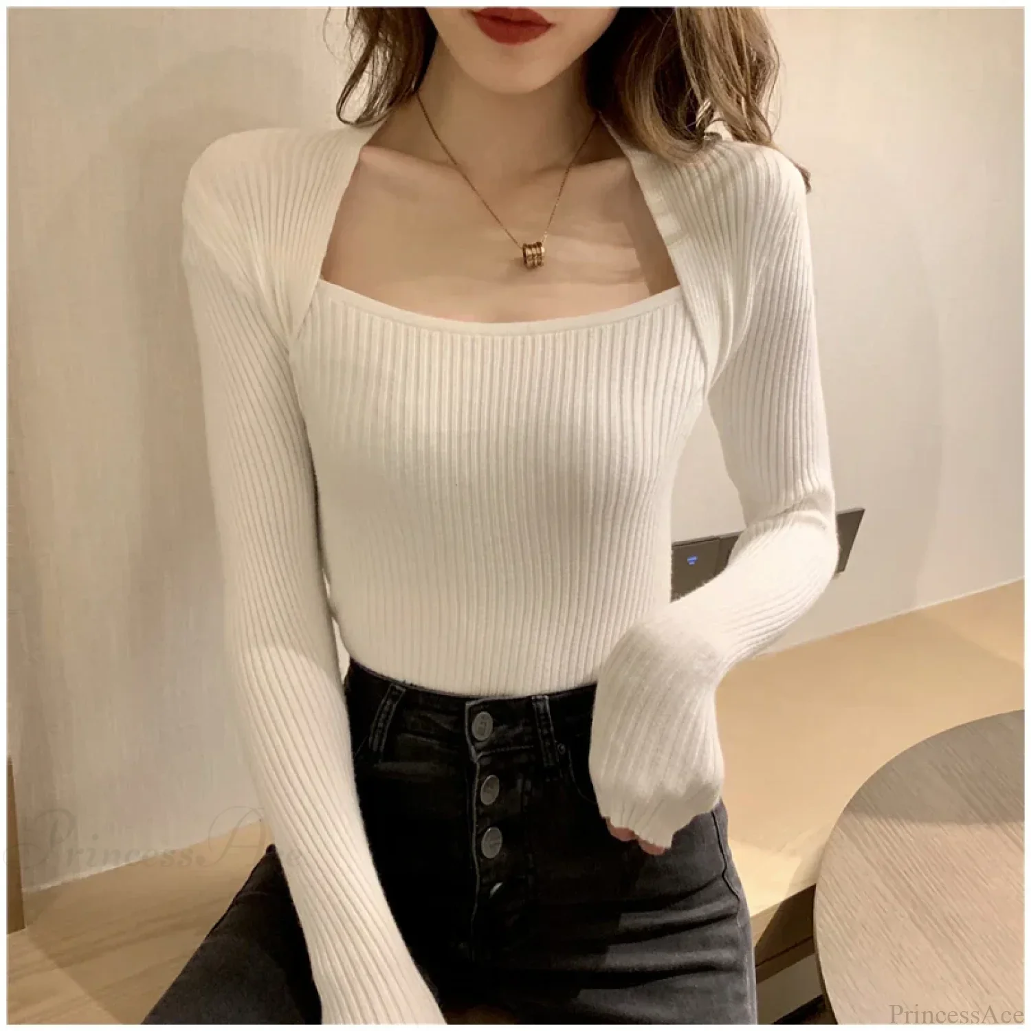 Autumn Winter Square Shawl Neckline Pullover Sexy Knit Top - Image 3