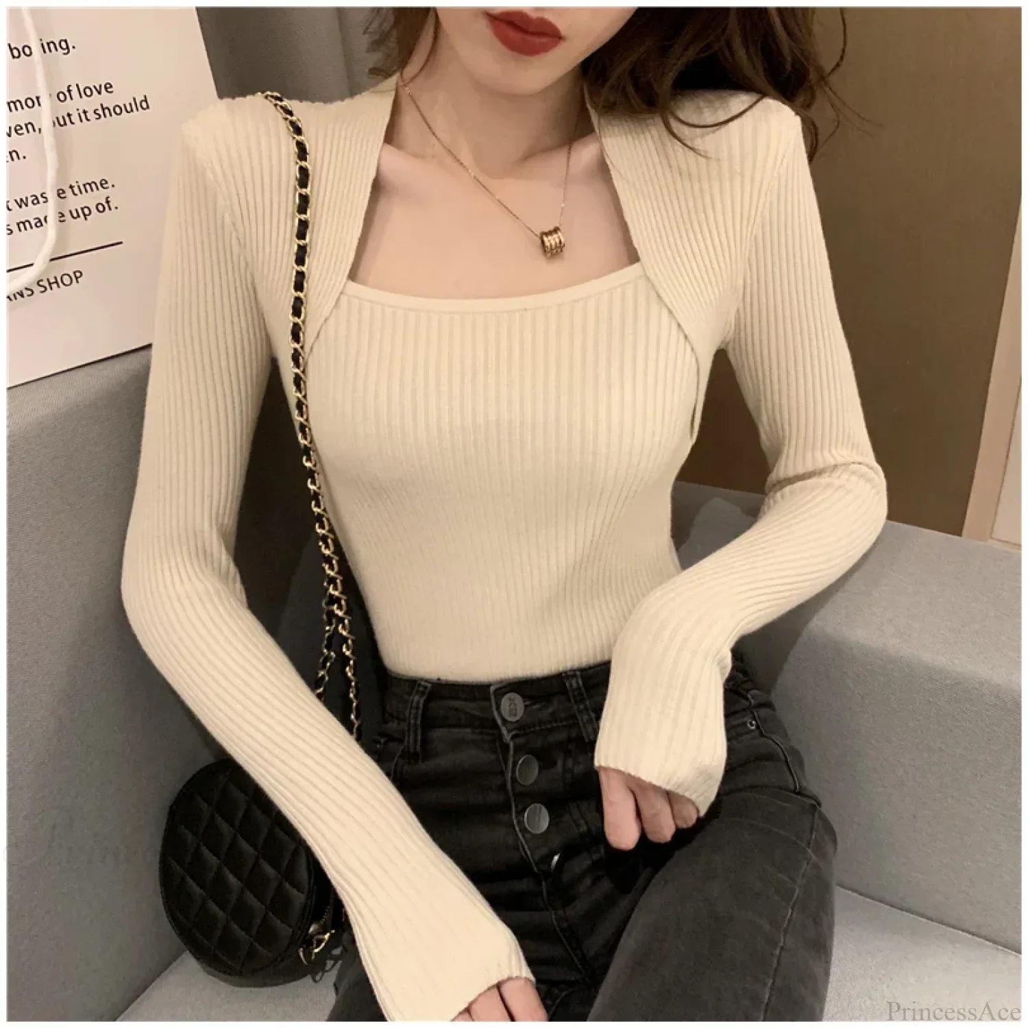 Autumn Winter Square Shawl Neckline Pullover Sexy Knit Top - Image 6
