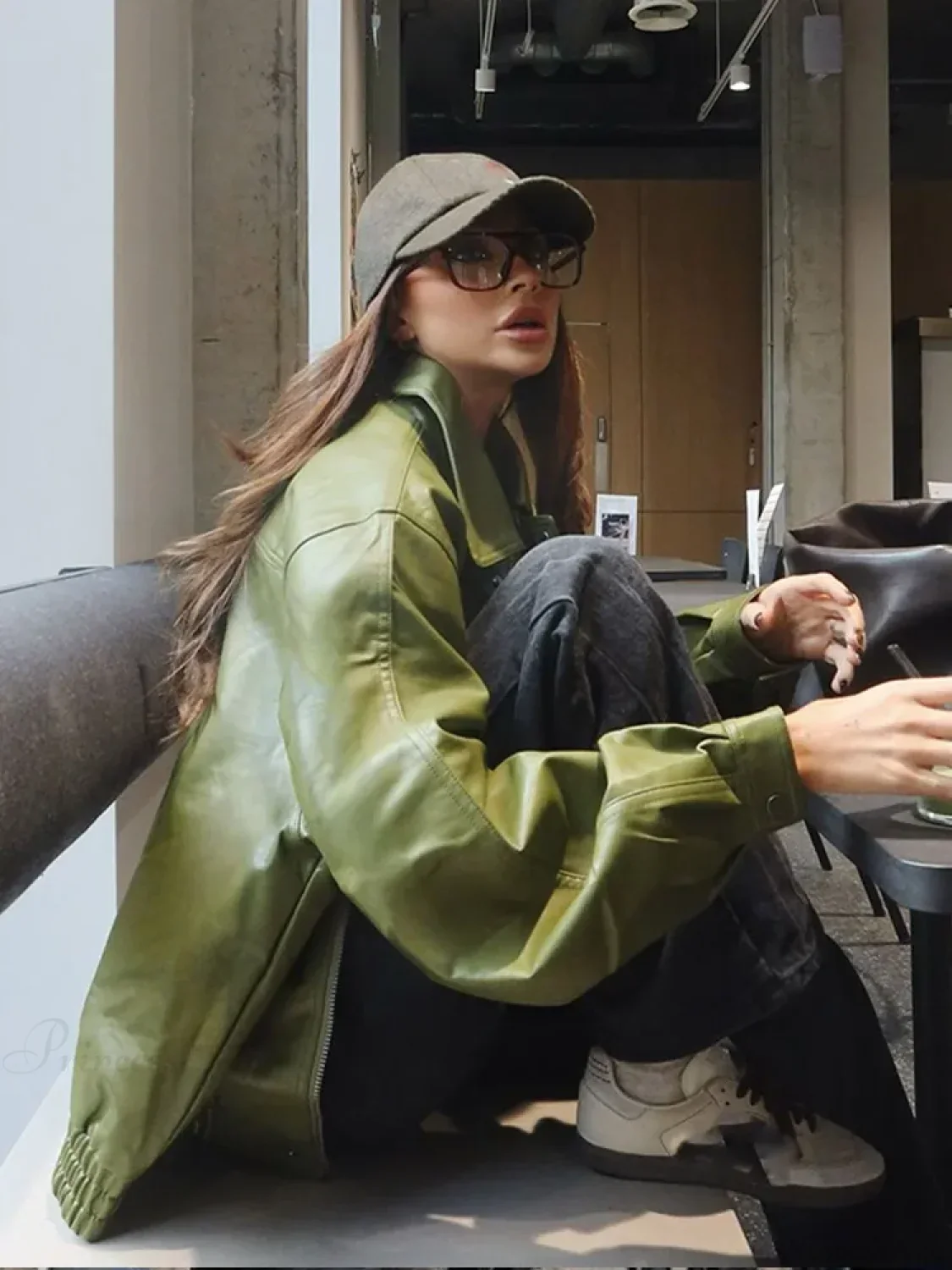Avocado Green Single Breasted Leather Coat - Image 2