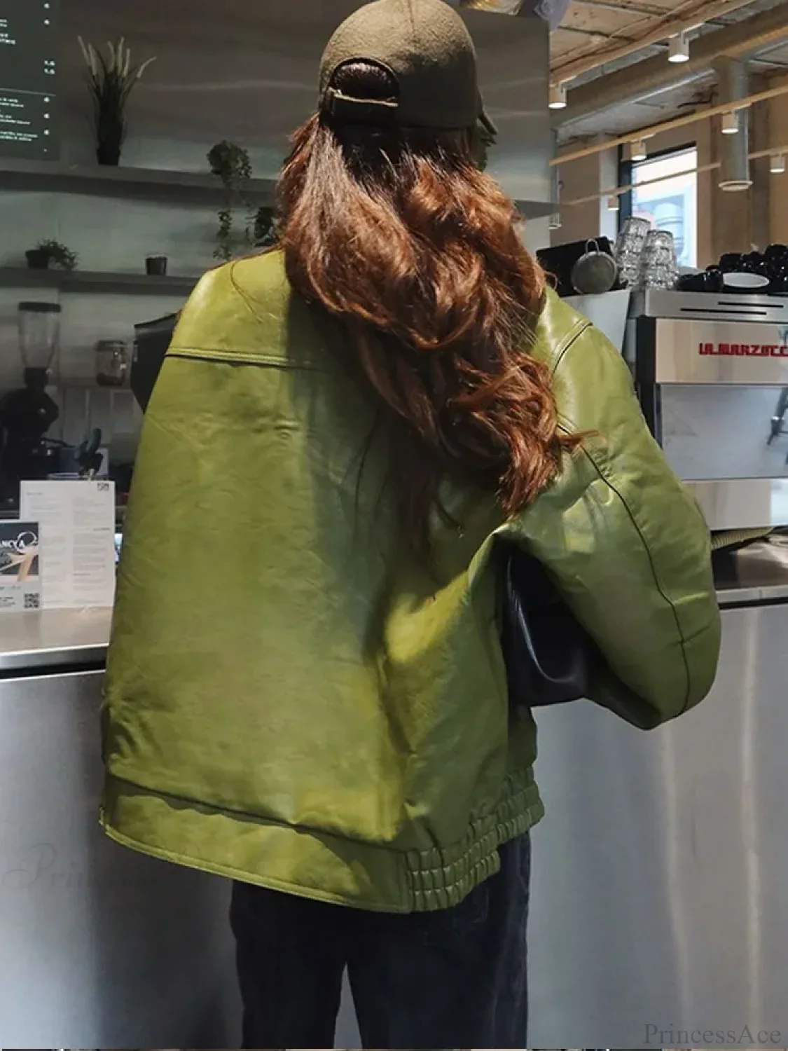 Avocado Green Single Breasted Leather Coat - Image 3