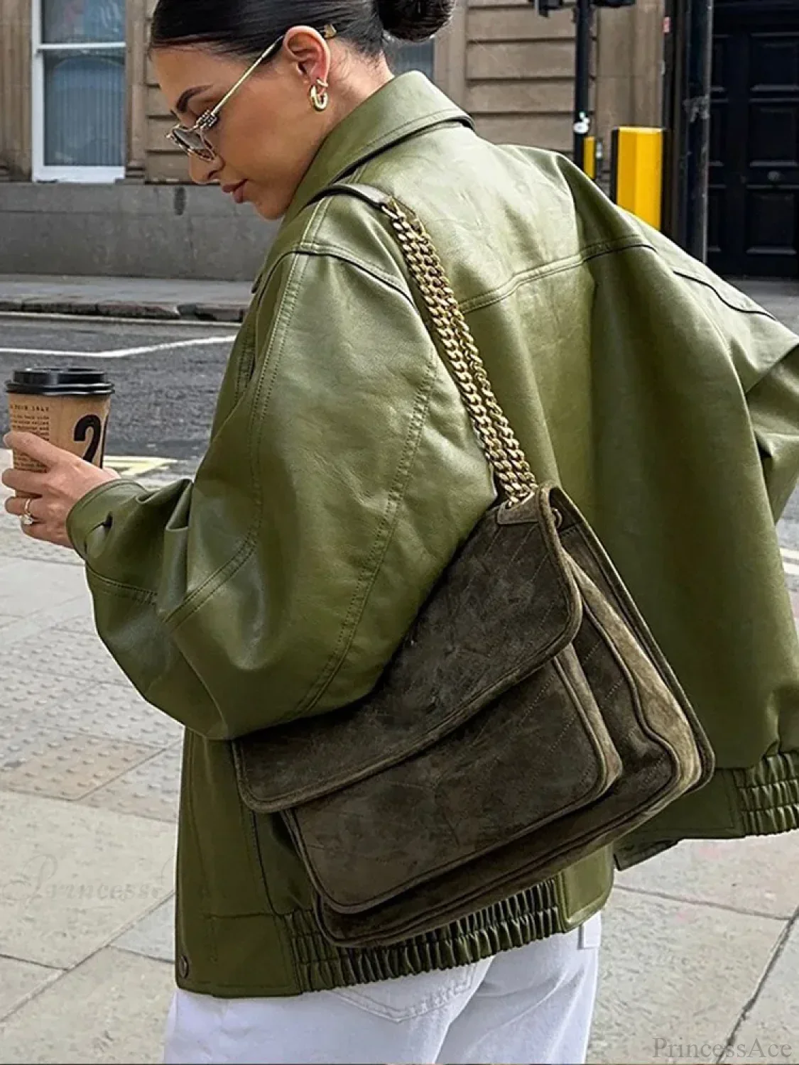 Avocado Green Single Breasted Leather Coat - Image 4