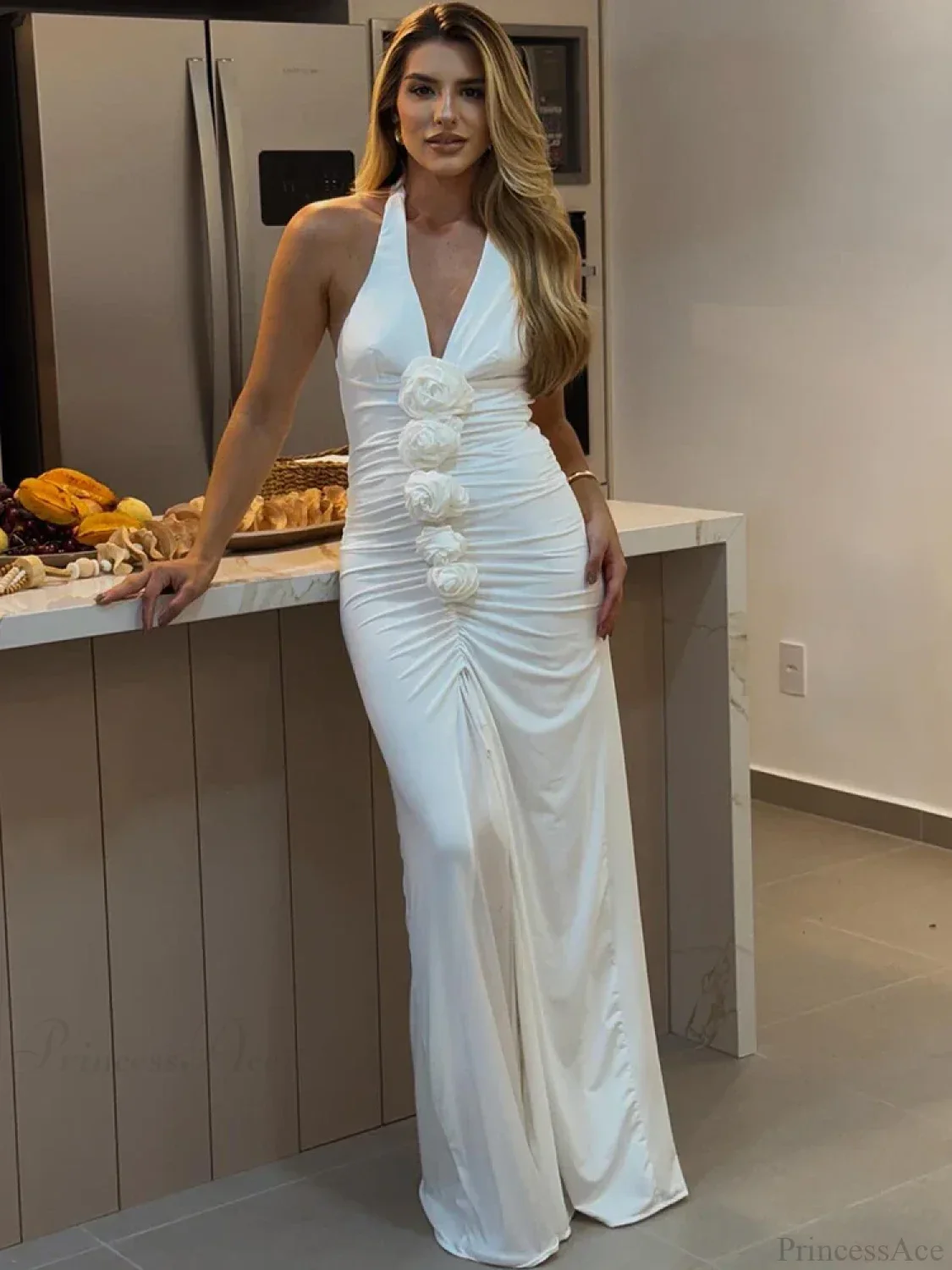 Backless 3D Flowers White Vacation Dress - Image 6