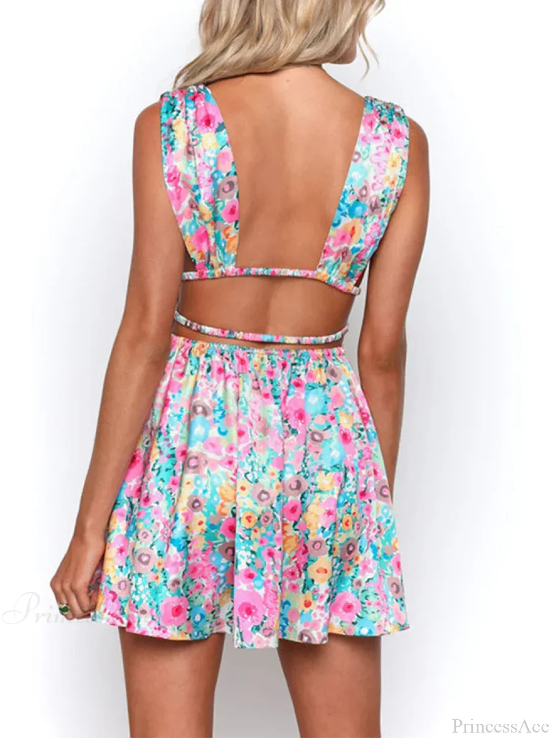 Backless Flower Print Sleeveless Deep V Mini A-Line Floral Dress - Image 6