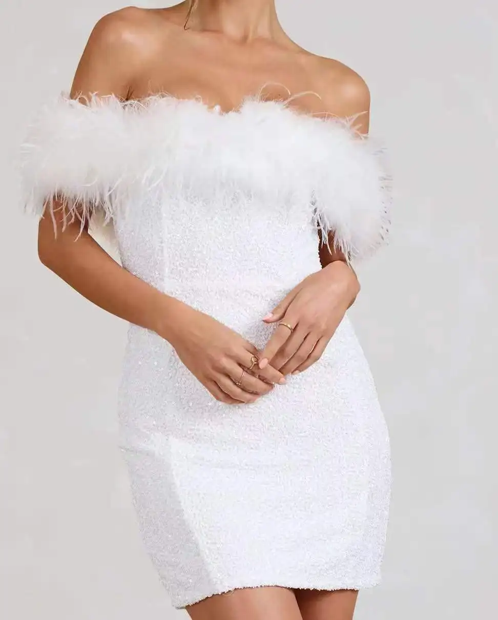 Backless Glitter Feather Slim Party Dress - Image 3