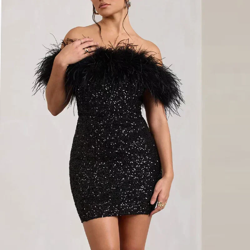 Backless Glitter Feather Slim Party Dress - Image 5