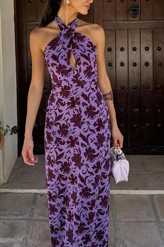 Backless Halter Print Slit Maxi Dress - Image 2