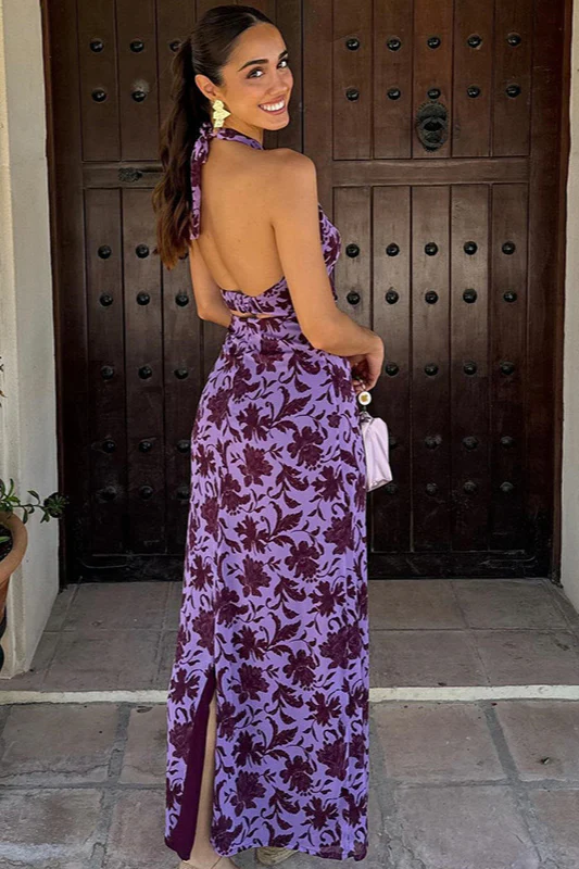 Backless Halter Print Slit Maxi Dress - Image 3