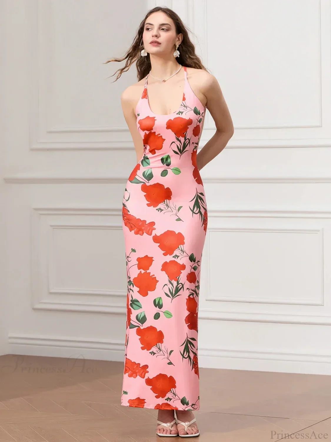 Backless Party Spaghetti Strap U-neck Bodycon Evening Floral Dress - Image 8