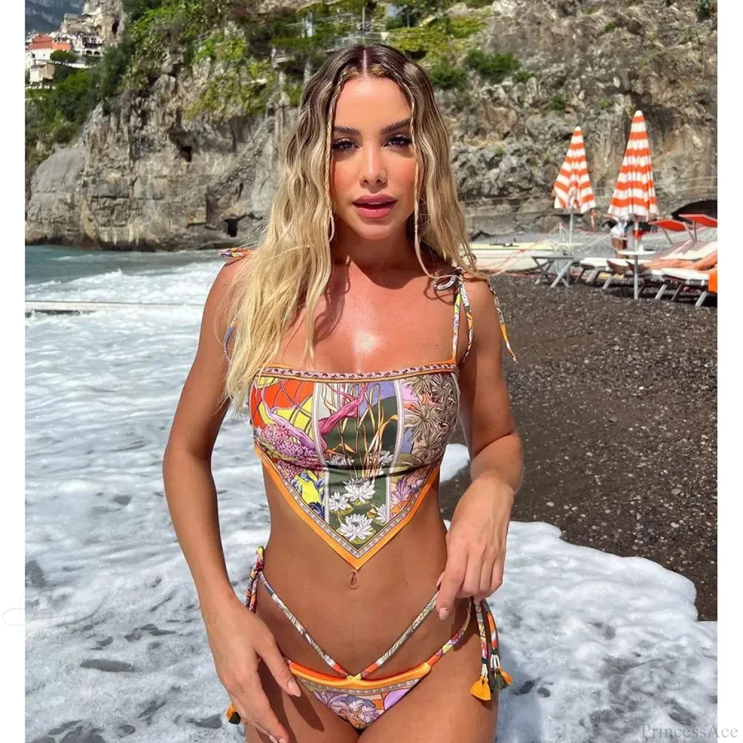 Backless Print Dot Halter Bikini Set - Image 2