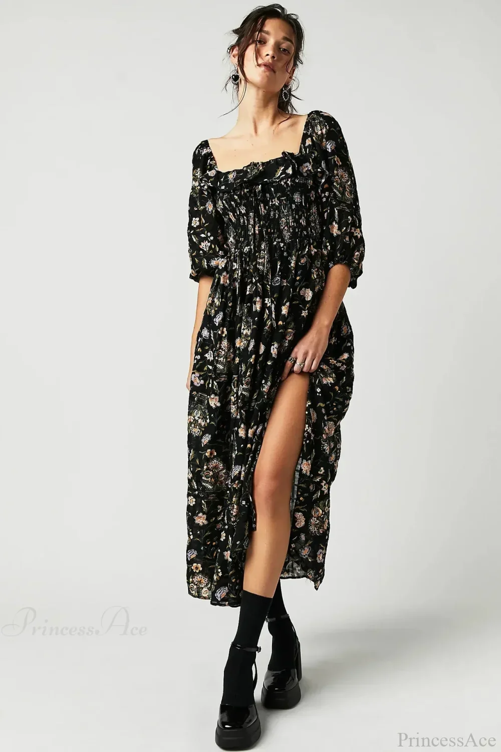 Backless Ruffled Hem Printing Midi Boho Dress - Image 3