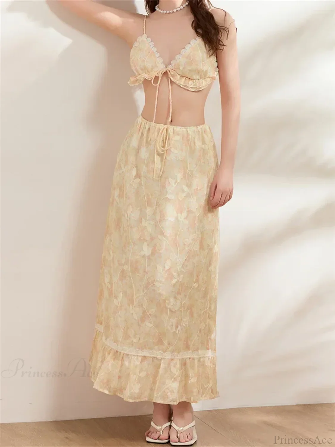 Backless Tie-up Camisoles Crop Top with Long Skirts Set - Image 3