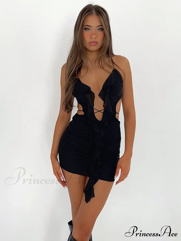 Backless Women Halter Ruffle Gown Party Coastal Festive Hollow - Out for Mini Bodycon Sexy Vestido - Image 3