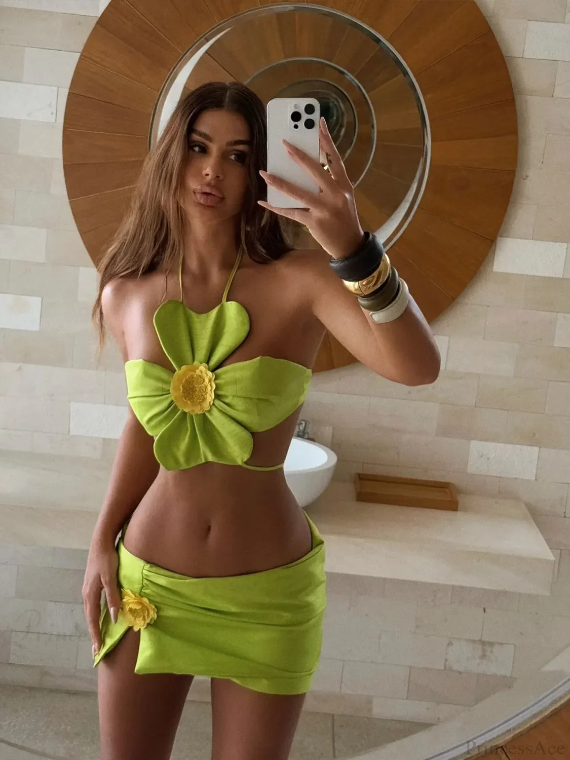 Bandage 3D Flower Skirt Three Piece Swimsuit - Image 2