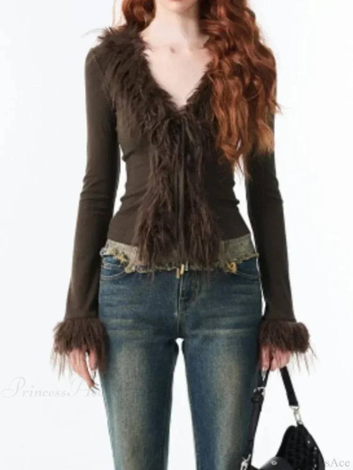 Bandage Fur Patchwork V-Neck Cardigan - Image 2