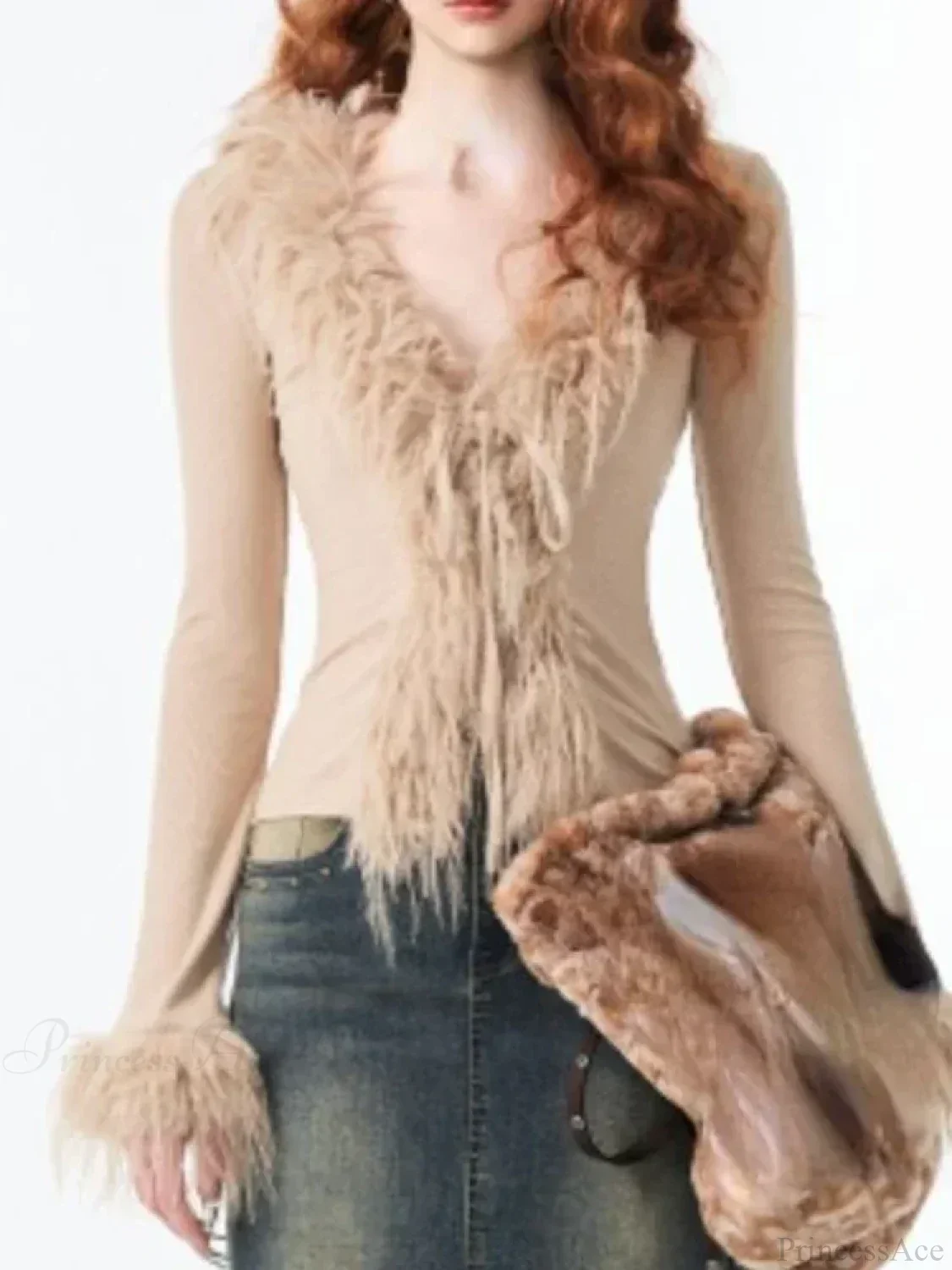 Bandage Fur Patchwork V-Neck Cardigan - Image 4