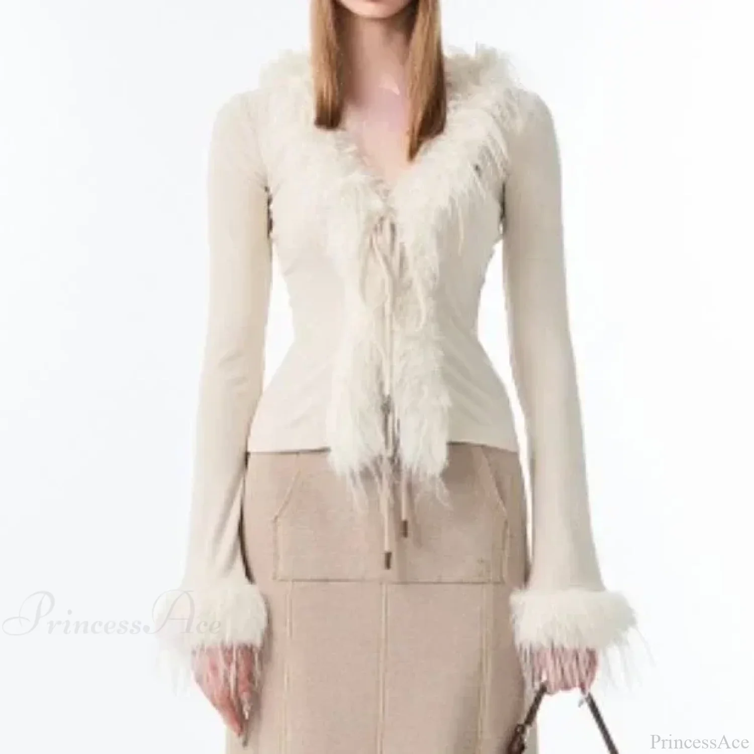 Bandage Fur Patchwork V-Neck Cardigan - Image 6