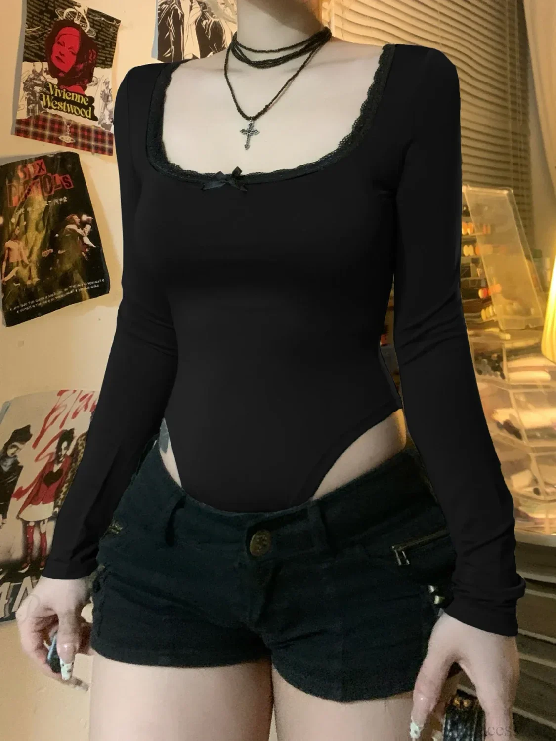 Basic Lace Trim Casual Slim Square Collar Knit Top - Image 5