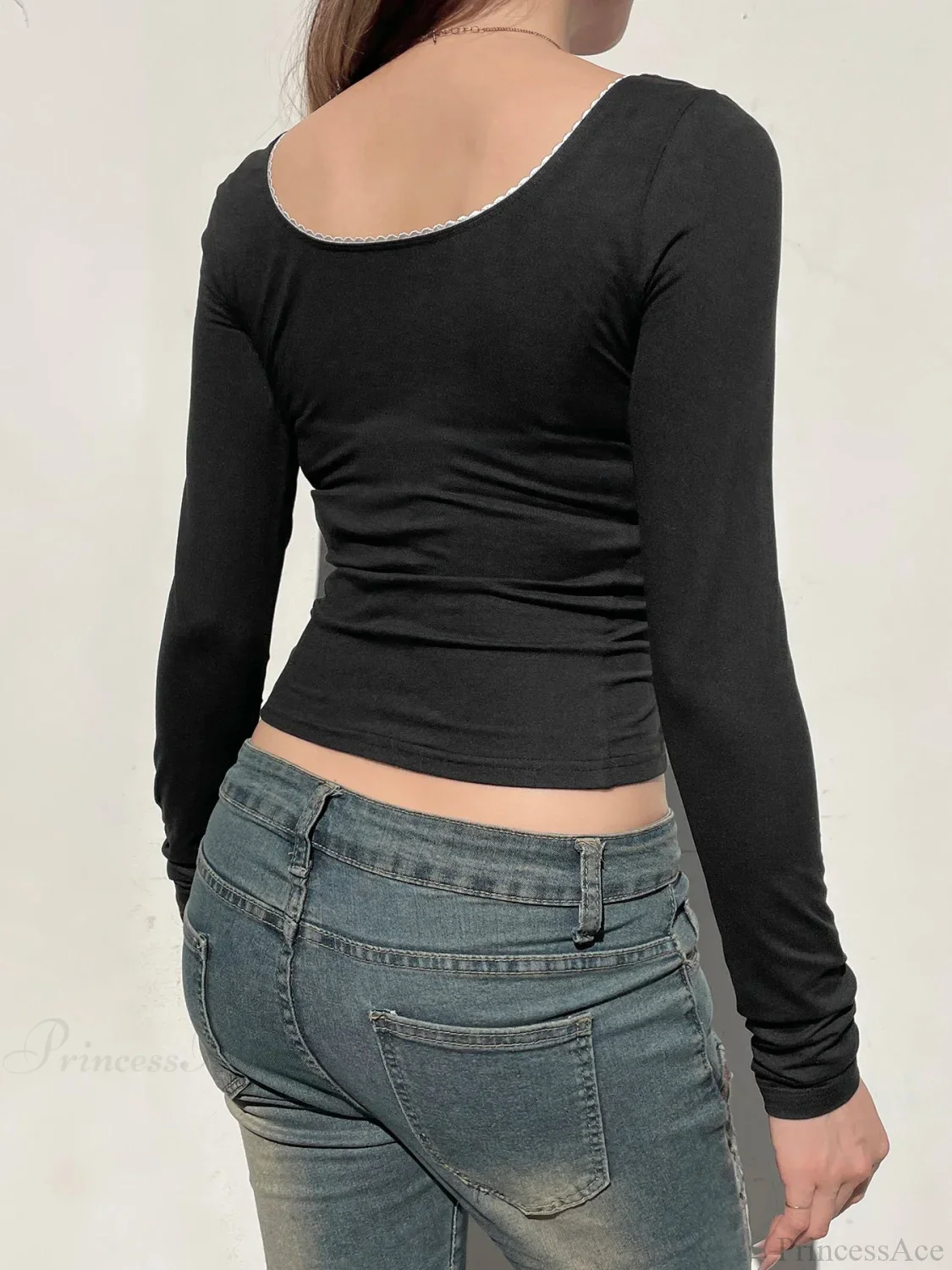 Basic Lace Trim Slim Square Collar Long Sleeve Knit Top - Image 3