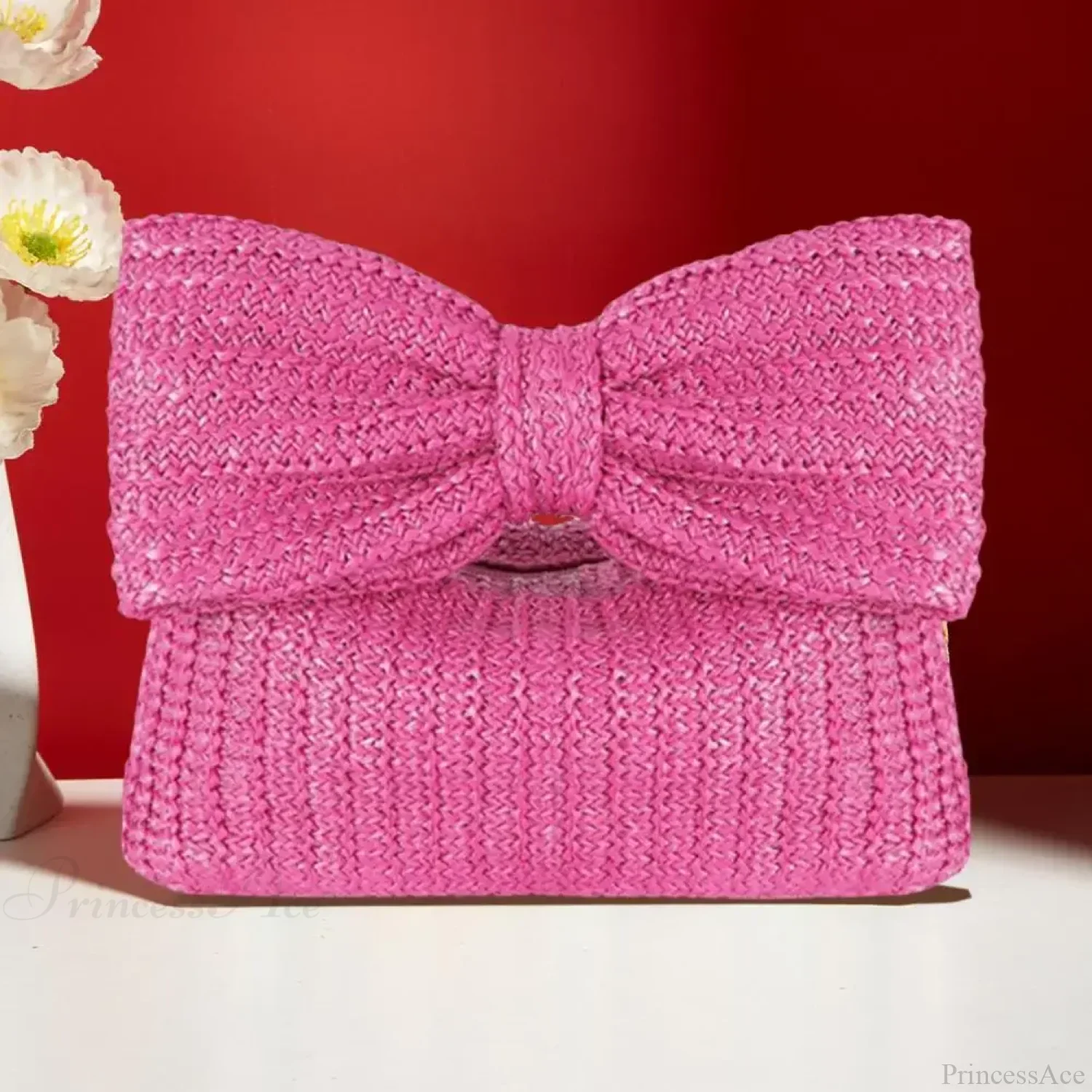 Beach Bow Crescent Shape Straw Clutch Wristlet - Image 2