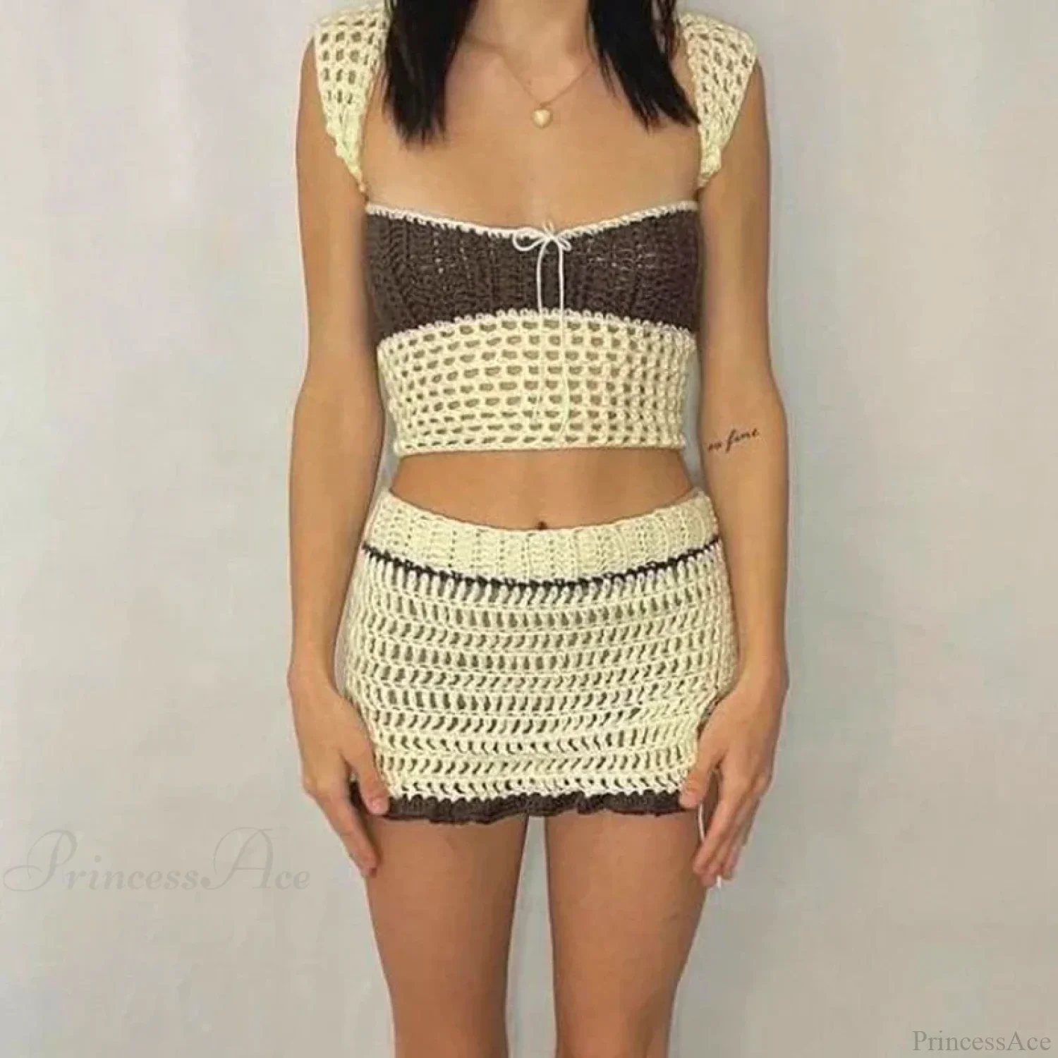 Beach Holiday 2 Piece Sets Crochet Hollow Out Crop Tops Backless Tie Up Knitted Tank Tops + Mini Pencil Skirt Y2K Vintage Outfit