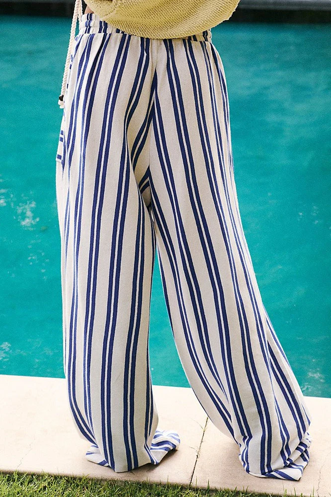Beach Style Striped Drawstring Wide Leg Pants - Image 12