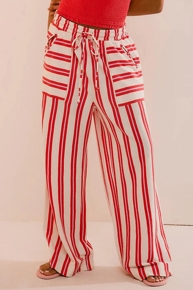Beach Style Striped Drawstring Wide Leg Pants - Image 13
