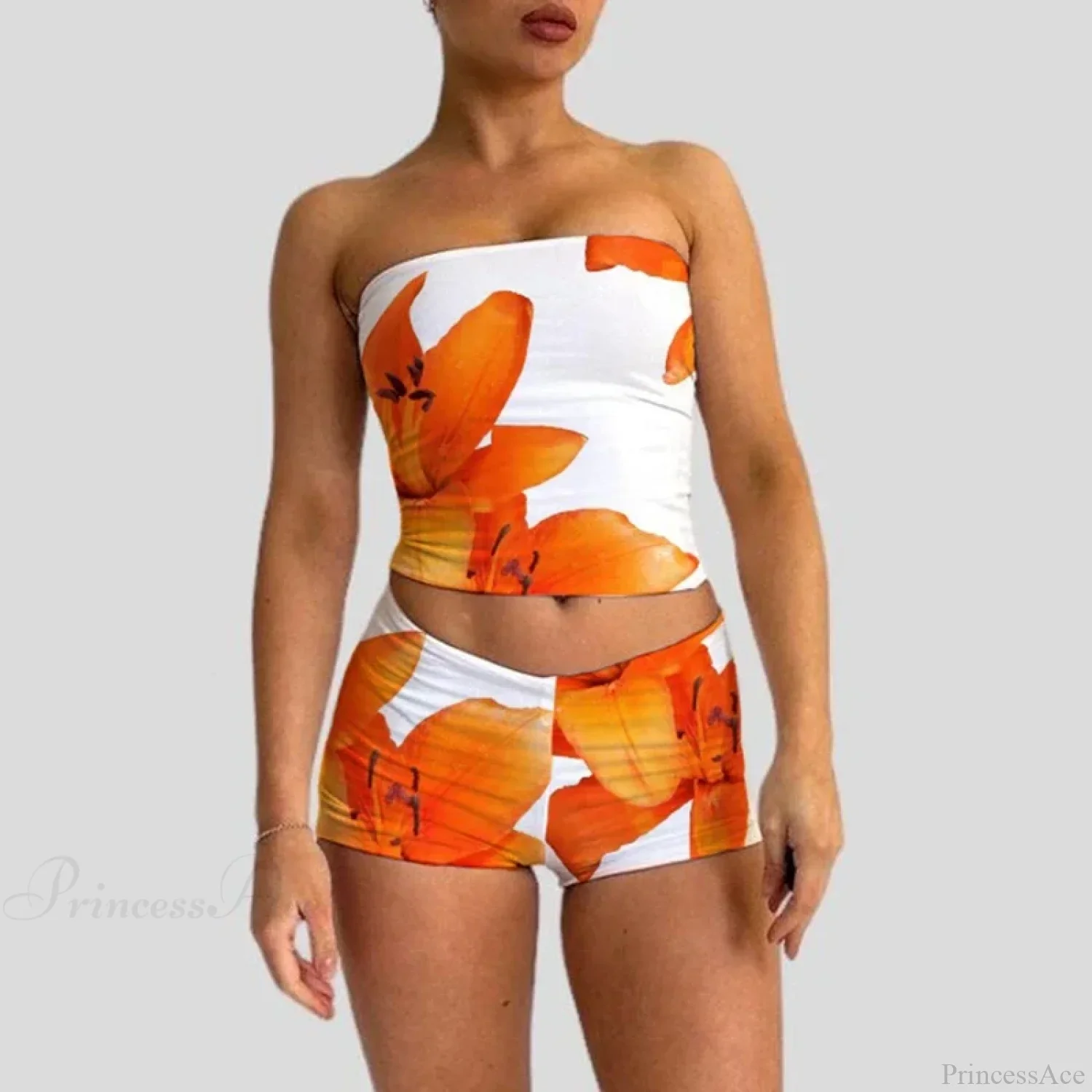 Beach Vacation Lounge Oufits 2 Pice Set Flower Print Strapless Crop Tube Tops Bandeau + Skinny Mini Skirt Wrap Bodycon Women - Image 3