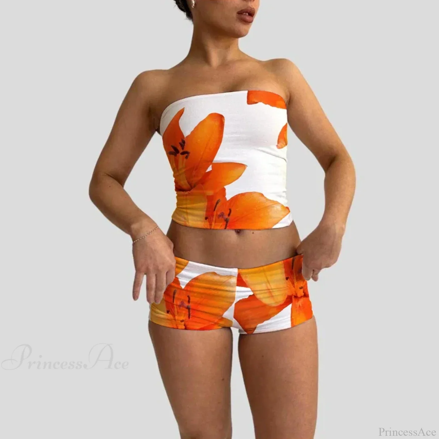 Beach Vacation Lounge Oufits 2 Pice Set Flower Print Strapless Crop Tube Tops Bandeau + Skinny Mini Skirt Wrap Bodycon Women - Image 4