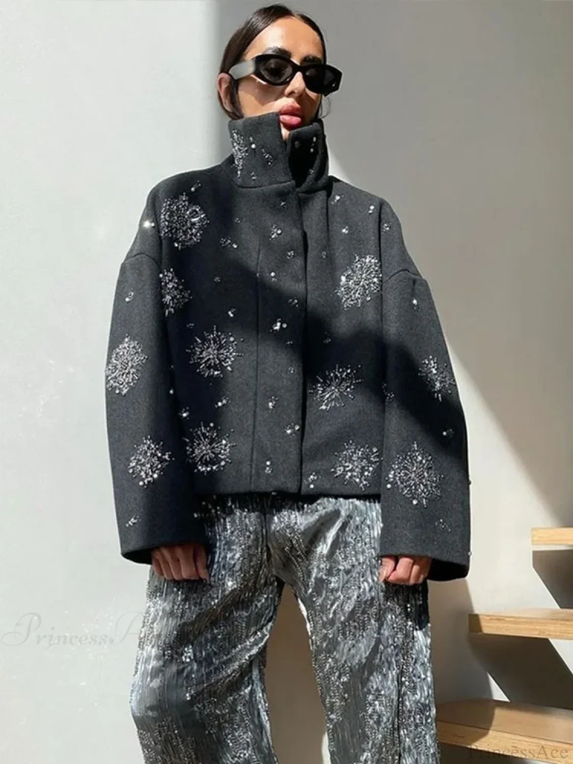 Beaded Flower Sequin Stand Collar Overcoat - Image 4
