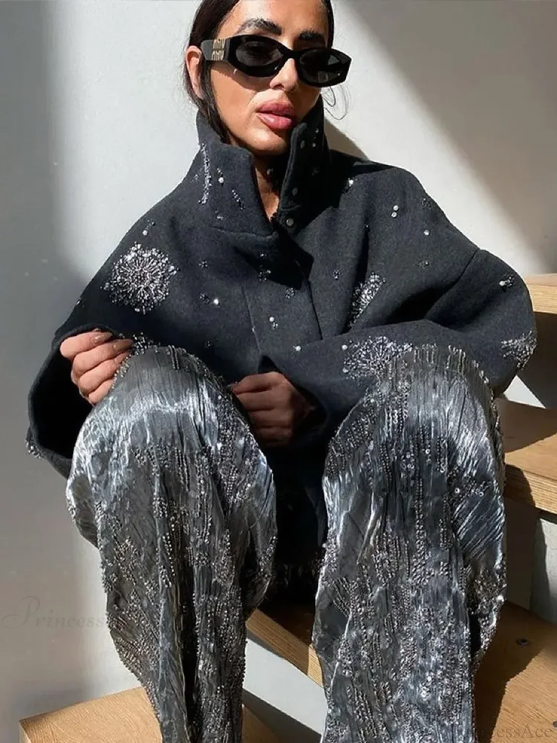 Beaded Flower Sequin Stand Collar Overcoat - Image 5