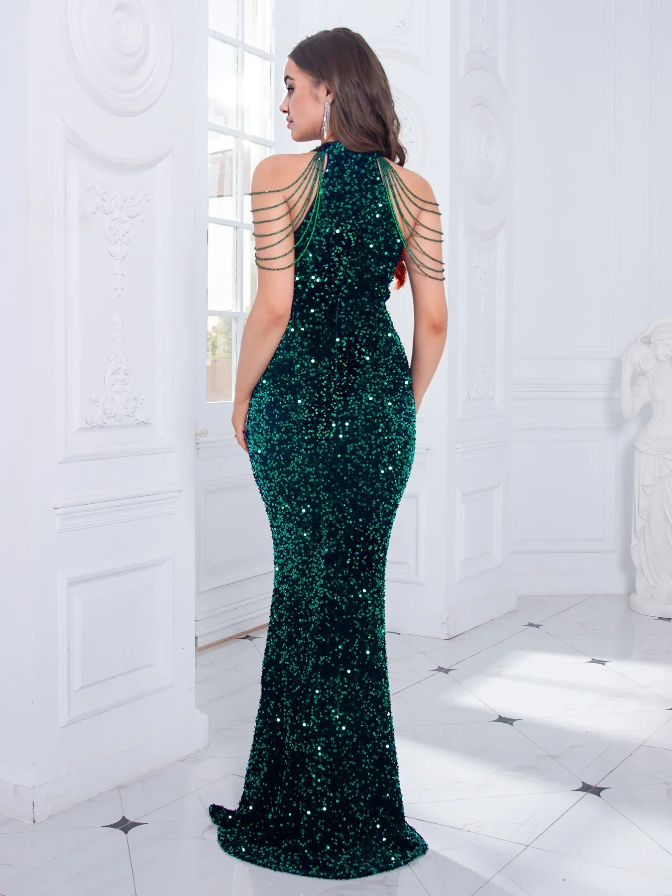Beaded Sequin Halter Party Dress - Image 2