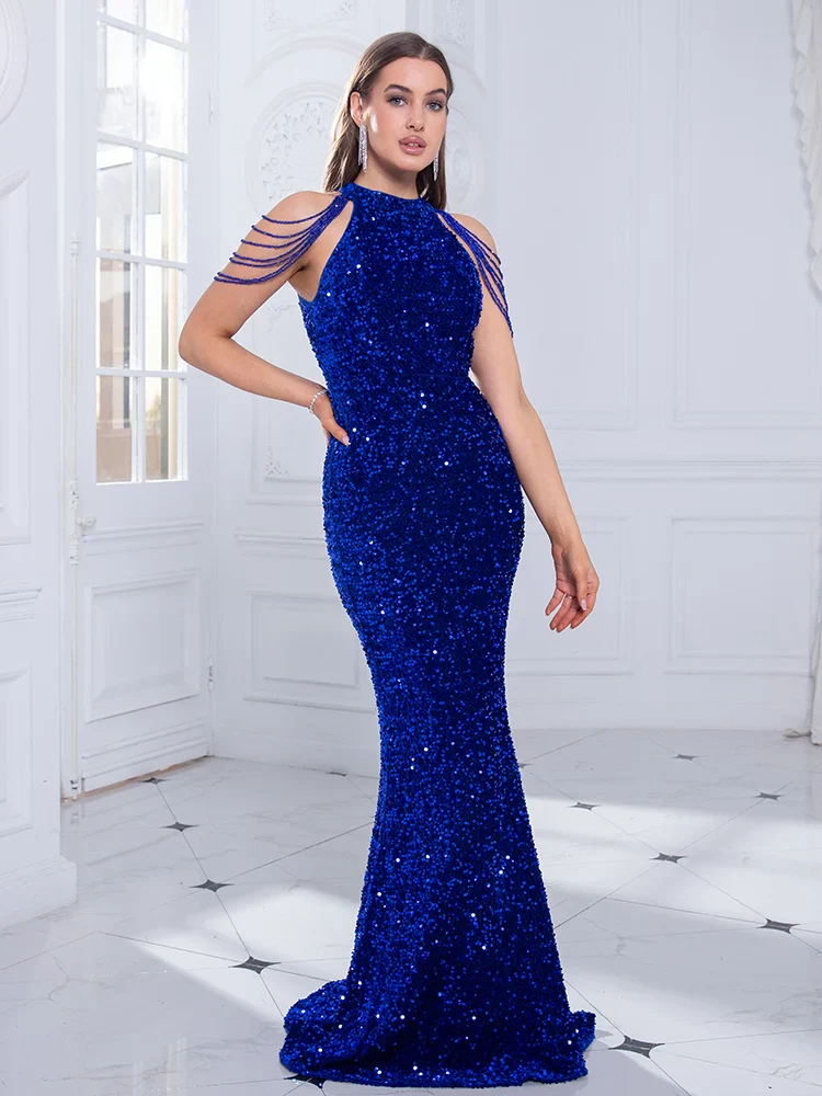 Beaded Sequin Halter Party Dress - Image 5
