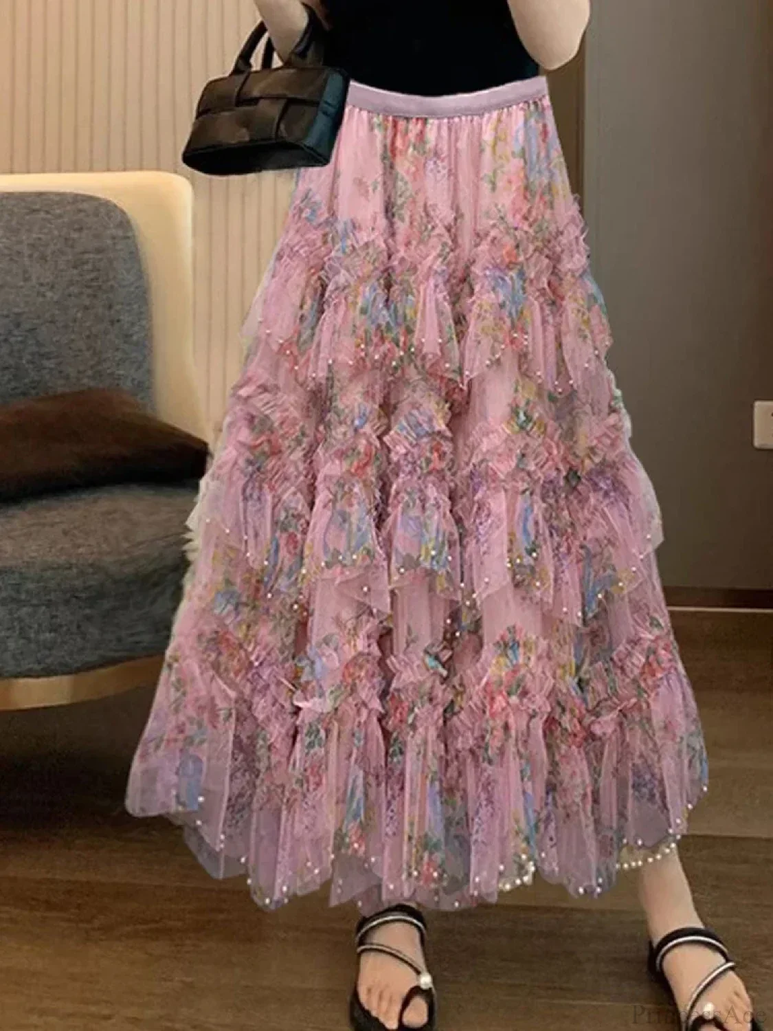 Beading Elegant Asymmetrical Mesh Tulle Skirt - Image 2