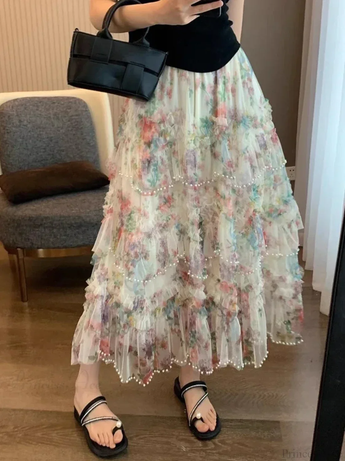Beading Elegant Asymmetrical Mesh Tulle Skirt - Image 3