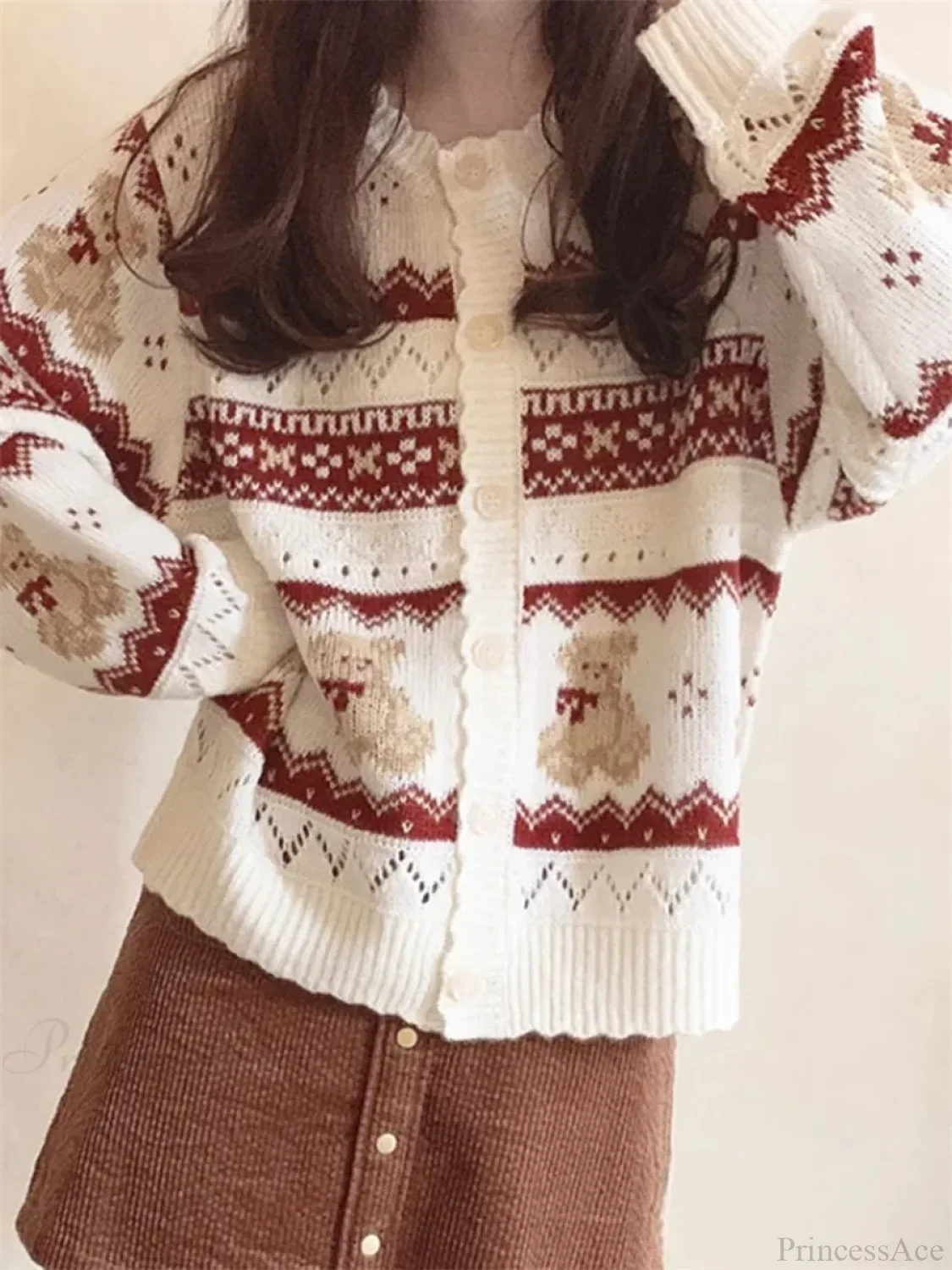 Bear Print Long Sleeve Button-Down Cardigan - Image 2