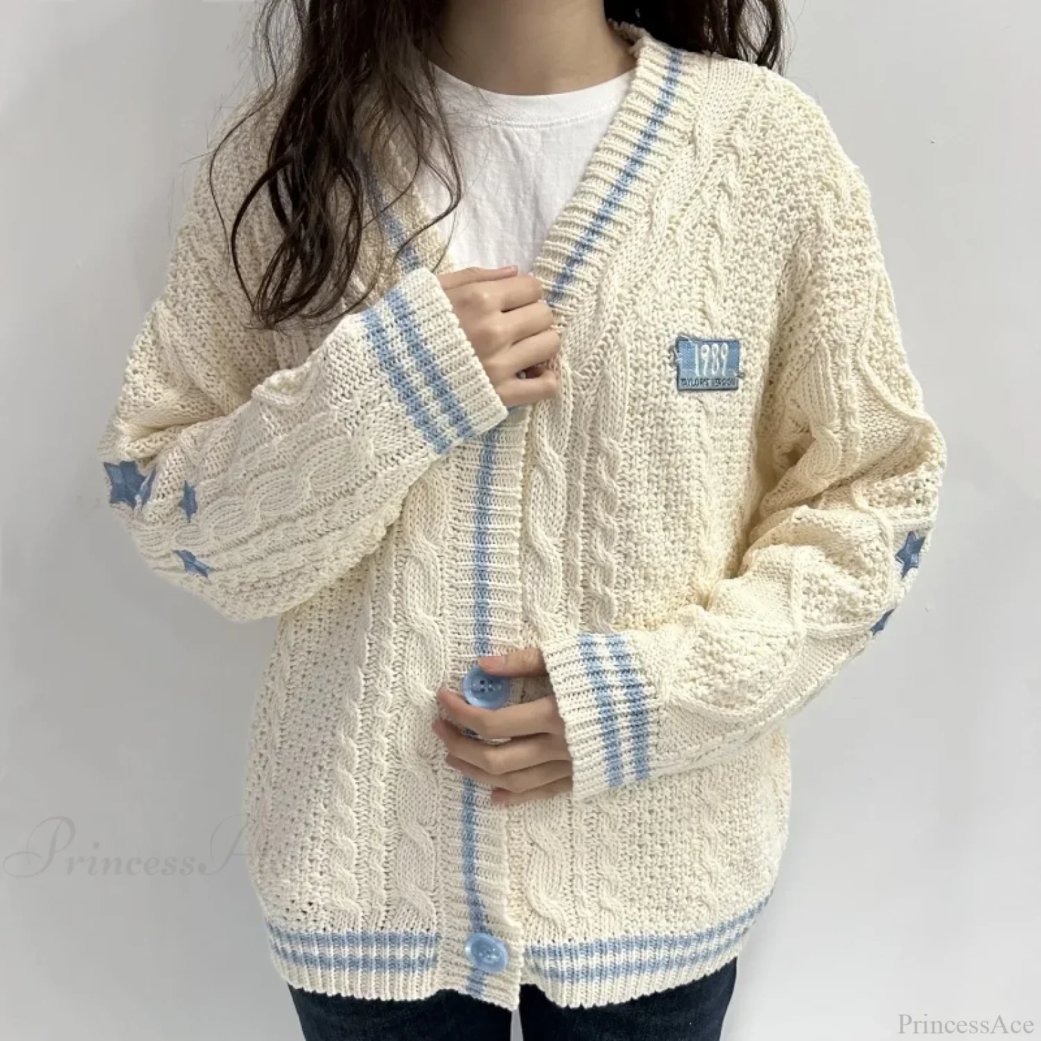 Beige Star V-neck Cardigan - Image 2