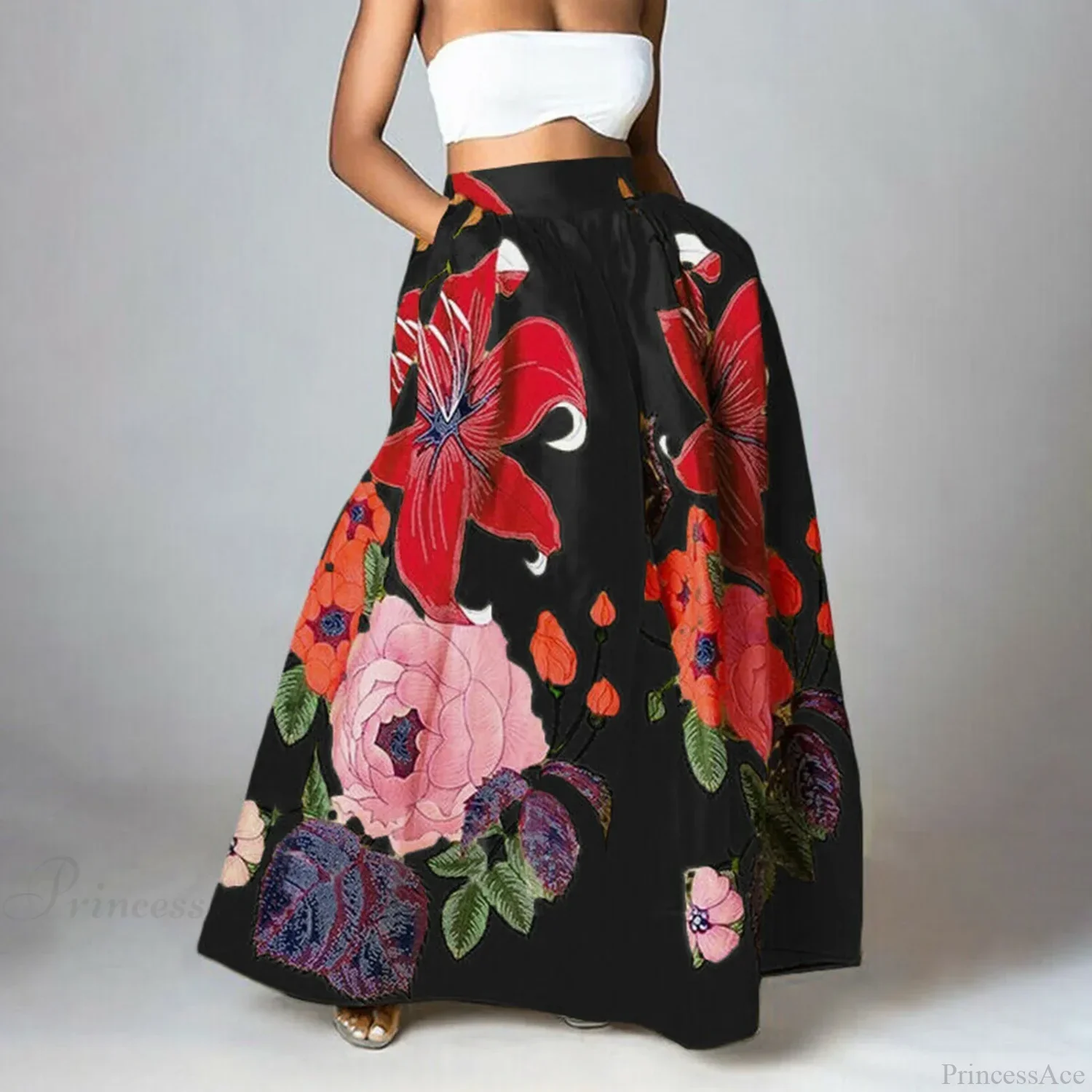 Big Flower Printed A-Line High Waist Long Maxi Skirt - Image 2