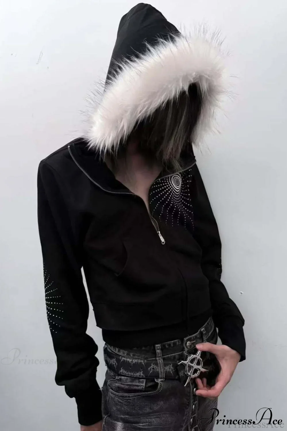 Big Fur Hood Print Zip-Up Hoodie - Image 3
