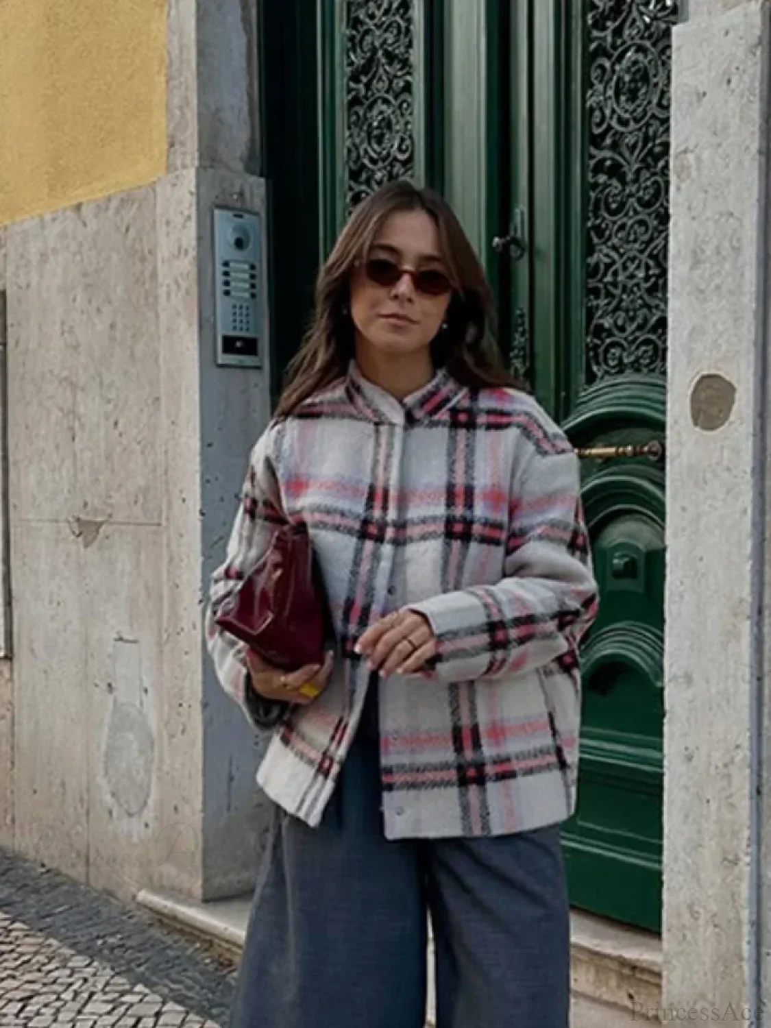 Big Plaid Print Woolen Bomber Coat - Image 6