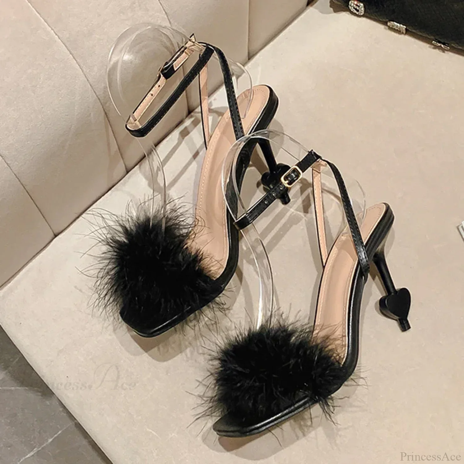 Big-Size 42 Sexy Ankle-Strap Strange High-Heels Fluffy-Feather Sandals Gladiator Square-Toe Party Dress High Heel - Image 5