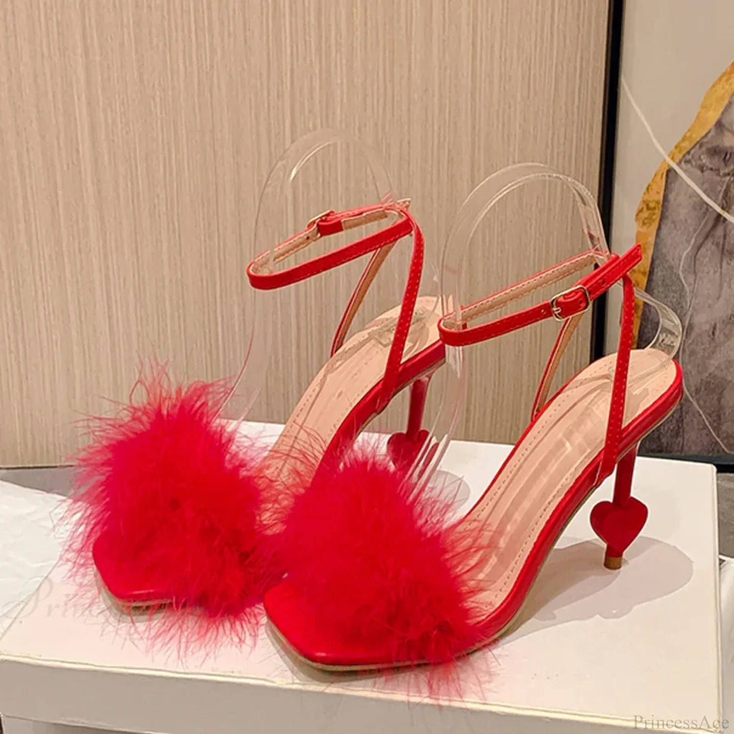 Big-Size 42 Sexy Ankle-Strap Strange High-Heels Fluffy-Feather Sandals Gladiator Square-Toe Party Dress High Heel - Image 6