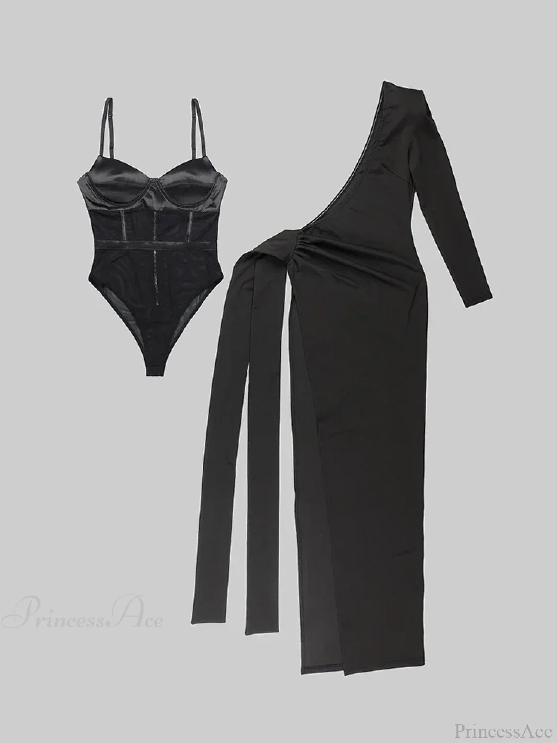 Black 2 Piece Set Sexy One Shoulder Long Ruched Elegant Party Dress - Image 3