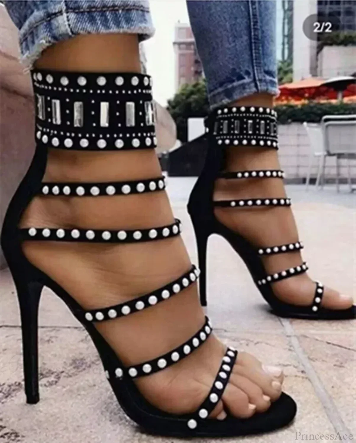 Black Beige Gladiator Sexy Peep Toe Diamond Pearl Ankle Band Zipper Cover Heels High Heel - Image 2