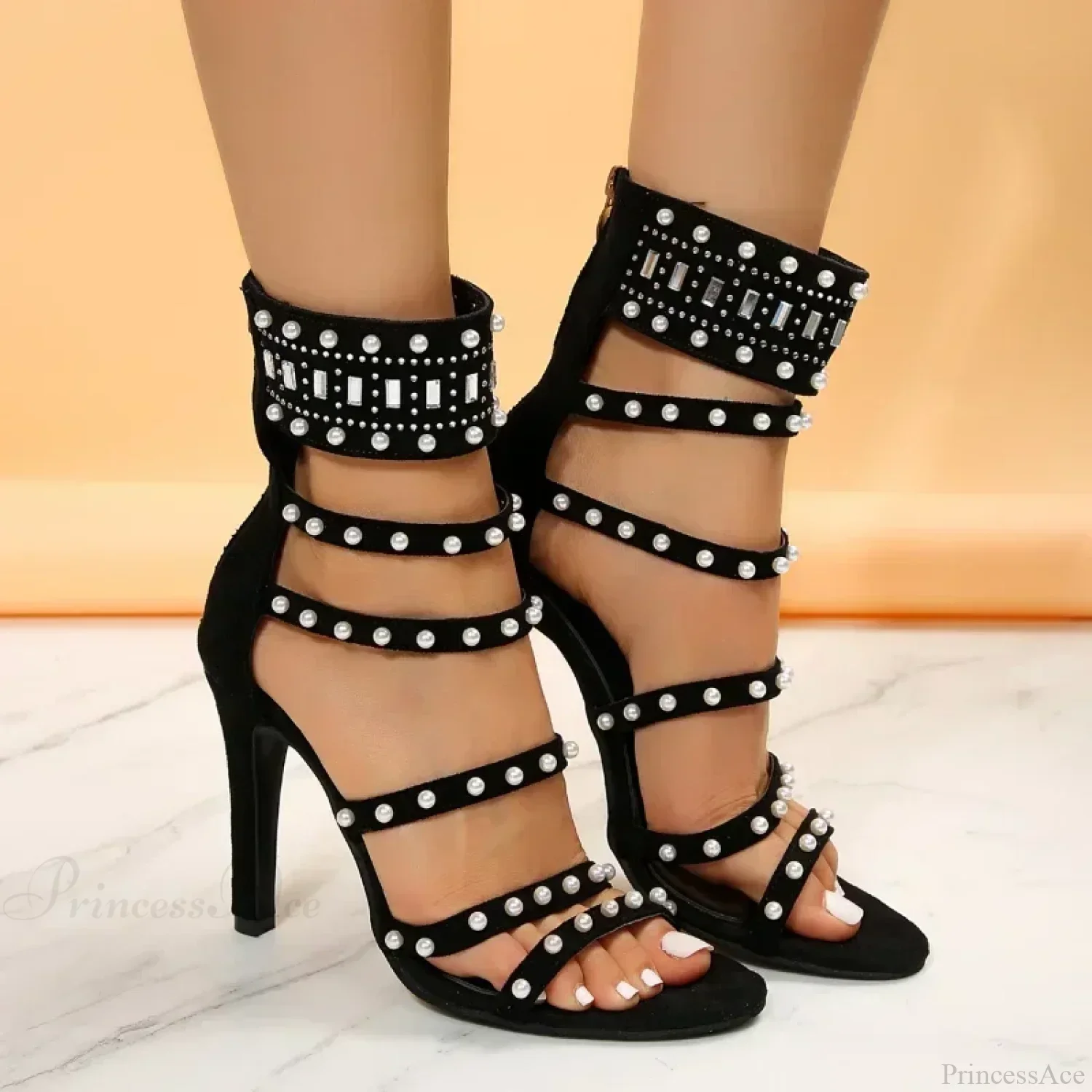 Black Beige Gladiator Sexy Peep Toe Diamond Pearl Ankle Band Zipper Cover Heels High Heel - Image 4