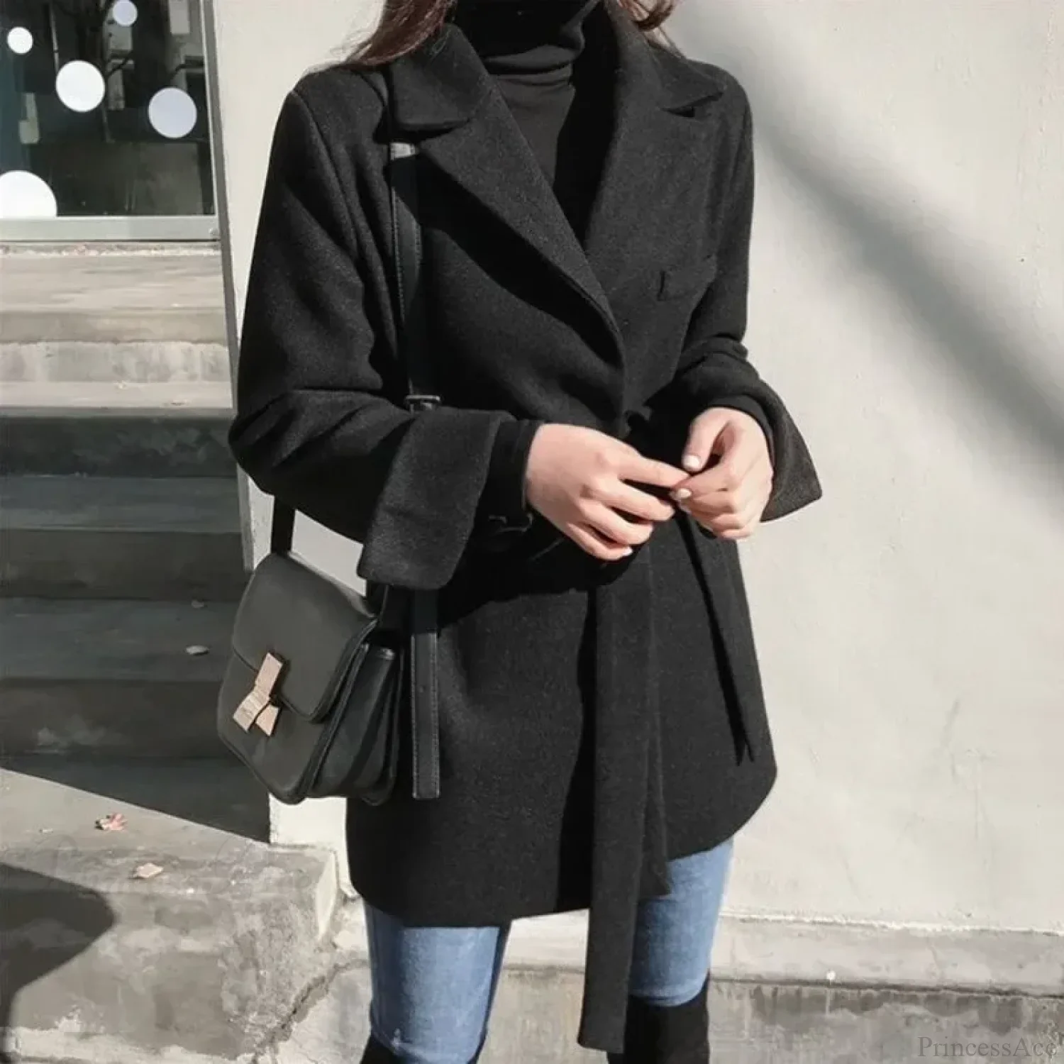 Black Blazer Wool Blend Lace-Up Overcoat - Image 5